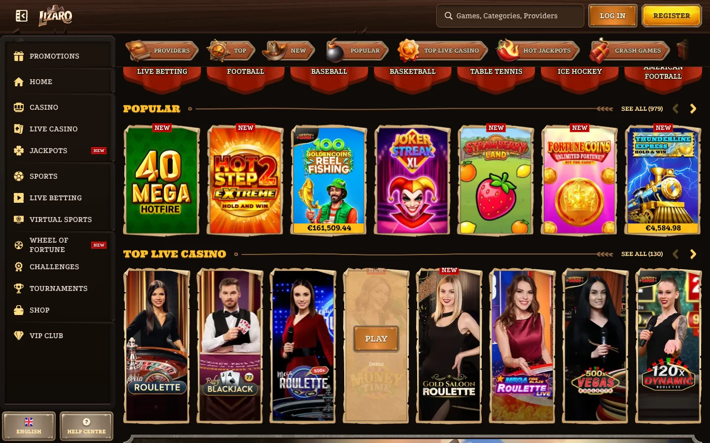 Spielraster bei Lizaro mit Slot-Titeln aus der deutschen Lobby